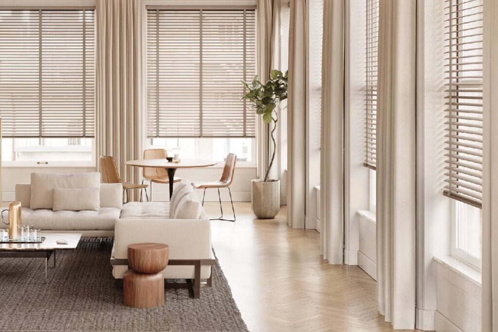 Hunter Douglas Modern Precious Metals® Mini Blinds and curtains together near Natick, Massachusetts (MA)