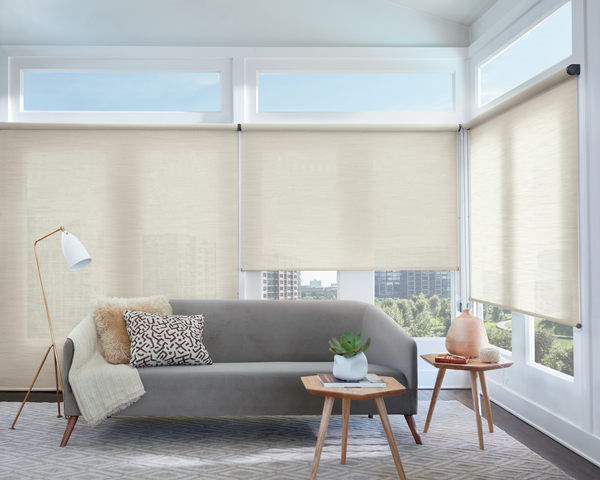 Hunter Douglas Roller Shades installed in living room